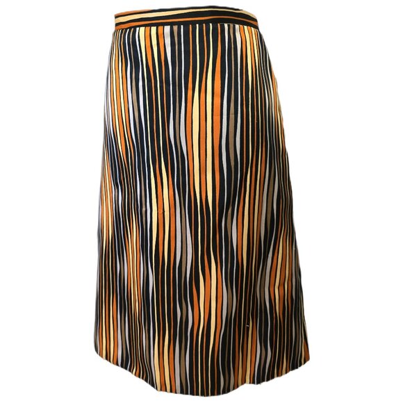 Vintage 70s Midi Skirt Optical Illusion Striped Office Retro Mod Orange Black M - Picture 2 of 7